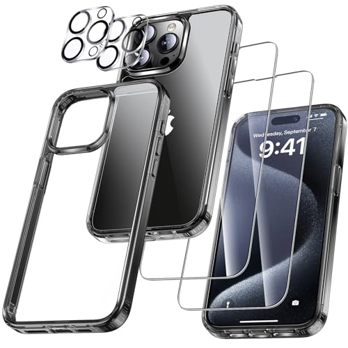 UniqueMe für iPhone 15 Pro Max Hülle, 5-in-1-Set Handyhülle für iPhone 15 Pro Max Case Rundumschutz Schutzhülle Cover, 1 Handyhülle & 2 Schutzfolie & 2 Kameraschutz - Kristall Schwarz von UniqueMe