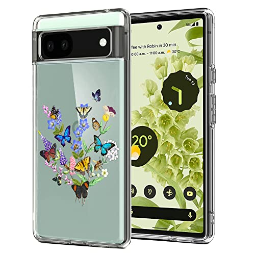 Unov Hülle Kompatibel mit Pixel 6a Hülle klar Transparent Schlanke Schutzhülle Weich TPU Stoßstange Geprägtes das Muster Stoßdämpfung 6.1 Zoll (Blumen Schmetterling) von Unov