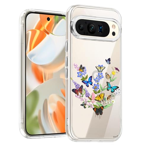 Unov Hülle Kompatibel mit Pixel 9 Pro XL Hülle klar Transparent Schlanke Schutzhülle Weich TPU Stoßstange Geprägtes das Muster Stoßdämpfung (Blume Schmetterling) von Unov