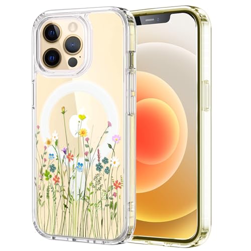 Unov Hülle Kompatibel mit iPhone 14 Pro Hülle klar Transparent Kompatibel mit Magsafe Geprägtes das Muster Stoßdämpfung Stoßfängerschutz Stoßfest rutschfest Schlanke Schutzhülle (Blumen Blumenstrauß) von Unov