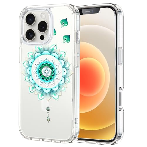 Unov Hülle Kompatibel mit iPhone 16 Pro Hülle klar Transparent Kompatibel mit Magsafe Geprägtes das Muster Stoßdämpfung Stoßfängerschutz Stoßfest rutschfest Schlanke Schutzhülle (Minz Mandala) von Unov