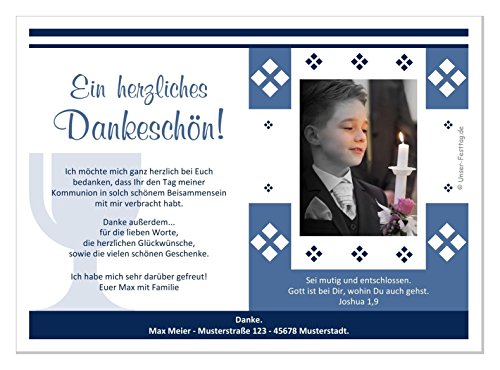 Kommunionsdankeskarten für Jungs mit Spruch, schön modern, mit Foto und Wunschtext - 30 Karten, Größe 17 x 12 cm von Unser-Festtag