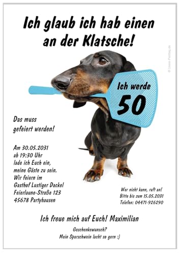 Lustige personalisierte Einladungen für Geburtstag bestandene Prüfung Silvester. Motiv Hund mit Klatsche. JEDES Alter geht. (10 Karten) von Unser-Festtag