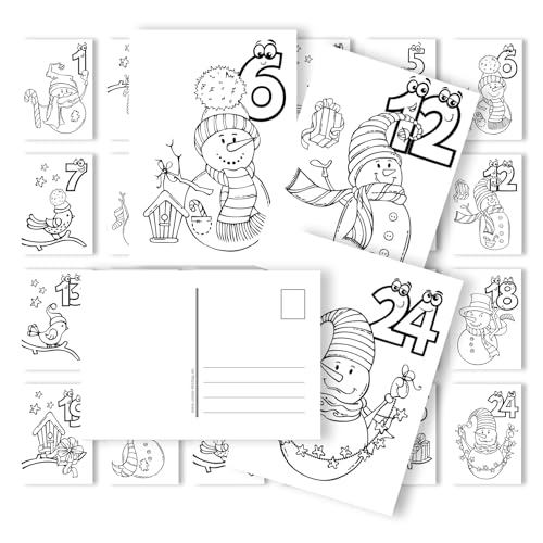 Unser-Festtag 24 Ausmal-Postkarten, lustige Adventskalender Zahlen mit Augen, Schneemann usw. Din A6 (Set 2) von Unser-Festtag