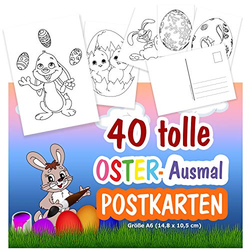 Unser-Festtag 40 Oster-Postkarten zum Ausmalen. Viele Ostermotive Hase Lamm Ostereier und mehr. Größe Din A6 von Unser-Festtag