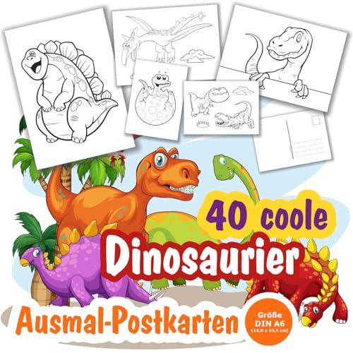 Unser-Festtag 40 Stück Postkarten zum Ausmalen mit verschiedenen Dino-Motiven. Größe Din A6 (ca. 14,8 x 10,5 cm) von Unser-Festtag