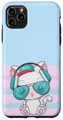 Hülle für iPhone 11 Pro Max Rave Kitty Kopfhörer, Musikliebhaber, Pastellblau / Rosa von Up All Night Club Tees