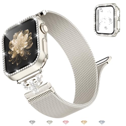 UpNeioco Metall Armband Kompatibel mit Apple Watch Armband 41mm 40mm 38mm 45mm 44mm 42mm,Diamant Glitzer Displayschutz Hülle 41mm,Magnetisch Edelstahl Metall Armband Damen für iWatch 9 8 7 6 5 4 3 2 1 von UpNeioco