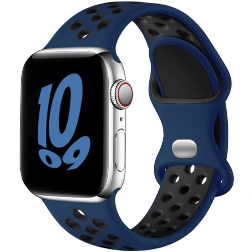 Upeak Sport Armband Kompatibel mit Apple Watch Armband 44mm 45mm 46mm 49mm 42mm, Atmungsaktiv Silikon Doppelloch Band für iWatch Ultra 2 SE Series 10 9 8 7 6 5 4 3 2 1, L, Mitternachtsblau/Schwarz von Upeak