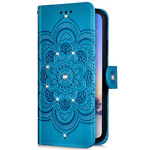 Uposao Kompatibel mit Huawei P20 Lite 2019 Handyhülle Mandala Blumen Muster Diamant Bling Glitzer Strass Schutzhülle Flip Wallet Bookstyle Klapphülle Leder Hülle Magnet Kartenfächer,Blau von Uposao