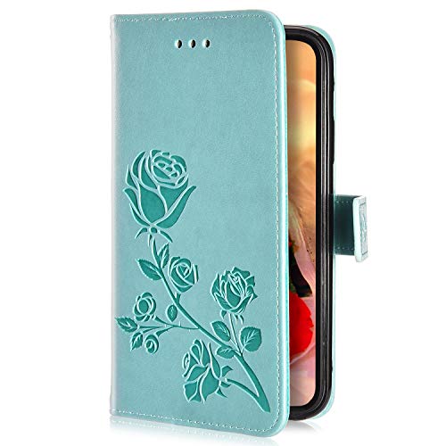 Uposao Kompatibel mit Samsung Galaxy A50 Handyhülle Handytasche Rose Blumen Muster Schutzhülle Flip Case Brieftasche Klapphülle Wallet Leder Hülle Cover Tasche Ständer Ledertasche,Grün von Uposao