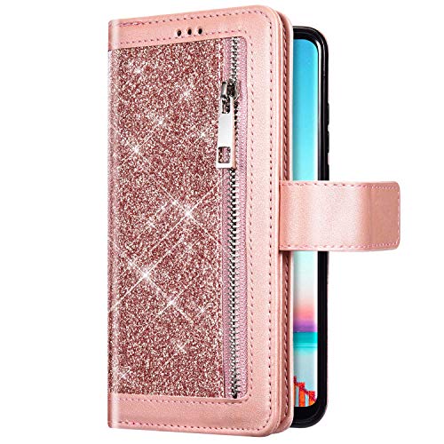 Uposao Kompatibel mit Samsung Galaxy S20 Plus Handyhülle Leder Bling Glitzer Reißverschluss Multifunktionale Schutzhülle 9 Kartenfächer Brieftasche Flip Case Bookstyle Handytasche,Rose Gold von Uposao