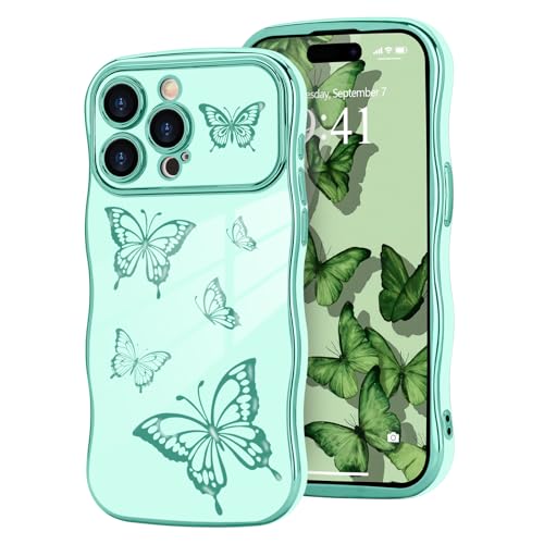 Urarssa Kompatibel mit iPhone 14 Pro Max Hülle Galvanik Schmetterling Handyhülle Wellen Lockige Mädchen Schutzhülle Flexible TPU Anti-Kratzer Stoßfest Case für iPhone 14 Pro Max Hellgrün von Urarssa