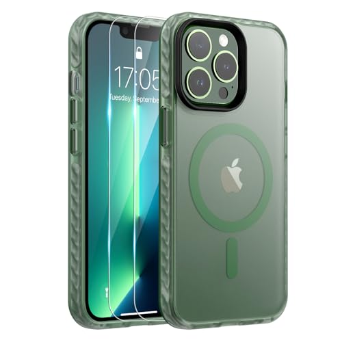 Urarssa Magnetisch Hülle für iPhone 13 Pro Max Hülle mit 2 Panzer Schutz Glas, Kompatibel mit MagSafe, Durchscheinend Matt Handyhülle Dünn Stoßfest Schutzhülle Case für iPhone 13 Pro Max Grün von Urarssa