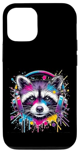 Hülle für iPhone 15 Pro Bunter Waschbär mit Kopfhörern Street Art von Urban Raccoon Style