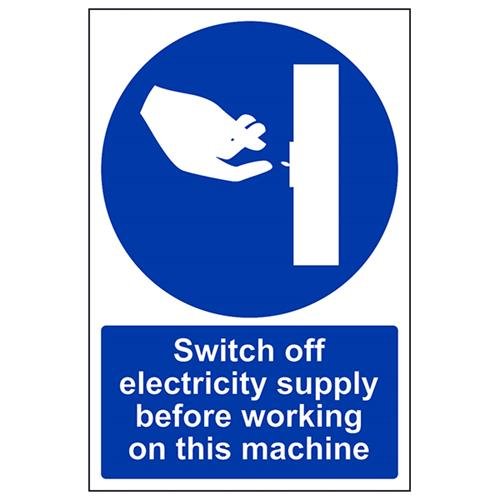 VSafety Switch Off Electricity Supply Before Working On This Machine Schild - Hochformat - 200 mm x 300 mm - 1 mm starrer Kunststoff von VSafety