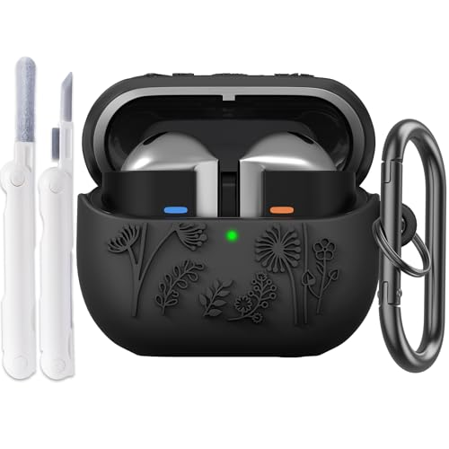 V.R.HOPE Hülle Kompatibel mit Samsung Galaxy Buds 3 Pro/Samsung Buds 3 mit Cleaner Kit Schlüsselanhänger, Blumen Design Cover, Weiche Silikon Stoßfeste Schutzhülle- Schwarz von V.R.HOPE