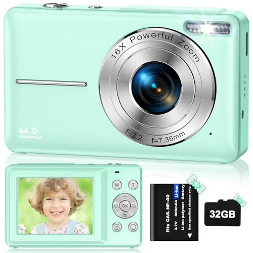 Digitalkamera Fotokamera HD 1080P 44MP, Fotoapparat mit 32GB Speicherkarte, Wiederaufladbare Kamera fotokamera mit 16X Digitalzoom digicam für Kinder, Erwachsene, Mädchen, Jungen(Grün) von VAHOIALD