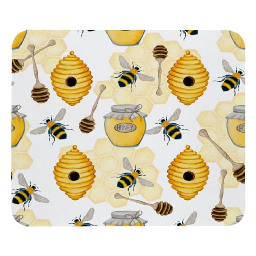 VAPOKF Mauspad mit Bienen-Honigglas, Löffel und Bienenstock, quadratisches Mauspad für Büro, Laptop, rutschfeste Gummiunterseite, Gaming-Mauspad, 21,1 x 24,9 cm von VAPOKF