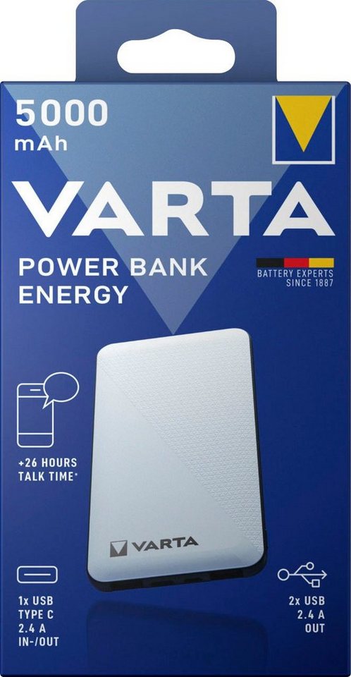 VARTA Power Bank Energy 5000 + Ladekabel, 5000mAh Powerbank mit USB Type C Powerbank 5000 mAh (3,7 V, 1 St) von VARTA