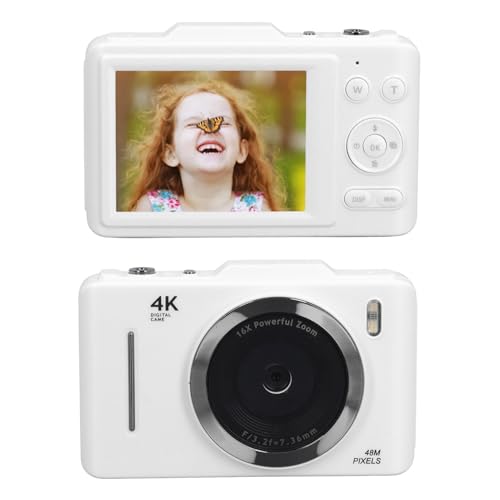 4K-Digitalkamera für Fotografie, 48 MP Autofokus-Vlogging-Kamera für YouTube, 16-facher Digitalzoom, Kompakte Reisevideokamera mit 2,8-Zoll-IPS-Bildschirm (White) von VBESTLIFE