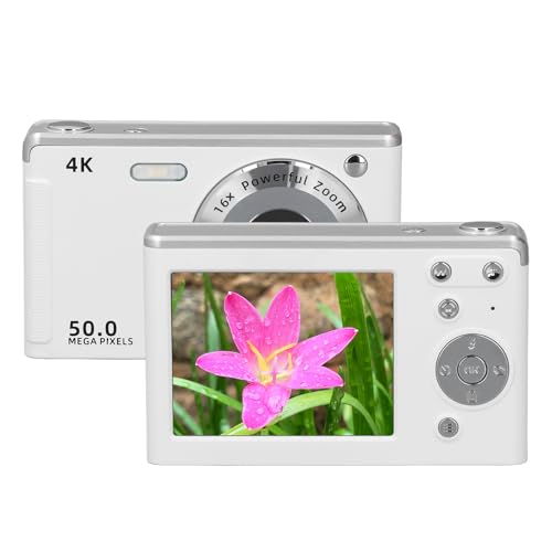 4K-Digitalkamera für Fotografie, 50 MP Vlogging-Kamera mit Autofokus, 16-facher Digitalzoom, Integriertes Fülllicht, Unterstützt Gesichtserkennung (White) von VBESTLIFE