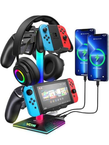 VCOM RGB Kopfhörerständer mit 2 USB- und 1 Typ-C-Anschluss, Gaming-Controller-Halter mit 10 Lichtmodi und Speicherfunktion, Geeignet für Gamer Xbox PS5 Controller PC Spiel Kopfhörer Zubehör(Schwarz) VCOM RGB Kopfhörerständer mit 2 USB- und 1 Typ-C-Anschluss, Gaming-Controller-Halter mit 10 Lichtmodi und Speicherfunktion, Geeignet für Gamer Xbox PS5 Controller PC Spiel Kopfhörer Zubehör(Schwarz) von VCOM