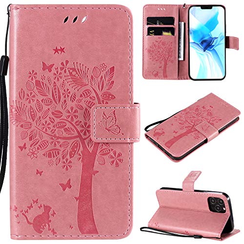 VEEMOS Handyhülle für Apple iPhone 12 / iPhone 12 Pro Hülle Klappbar Katze-Baum mit Kartenfach Klapphülle Schutzhülle Handy Tasche Leder Book Flip Case Cover Handytasche Damen - Rosa von VEEMOS