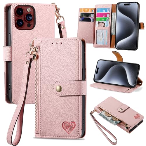 VEEMOS Handyhülle für Apple iPhone 15 Pro Hülle Klappbar Klapphülle Schutzhülle mit Kartenfach RFID Reißverschluss Handy Tasche Leder Flip Case Cover Handytasche Frauen - Rosa von VEEMOS