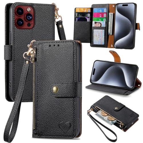 VEEMOS Handyhülle für Apple iPhone 15 Pro Hülle Klappbar Klapphülle Schutzhülle mit Kartenfach RFID Reißverschluss Handy Tasche Leder Flip Case Cover Handytasche Frauen - Schwarz von VEEMOS