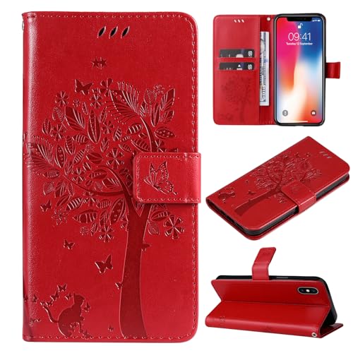 VEEMOS Handyhülle für Apple iPhone X/iPhone XS Hülle Klappbar Katze-Baum mit Kartenfach Klapphülle Schutzhülle Handy Tasche Leder Book Flip Case Cover Handytasche Damen - Rot von VEEMOS