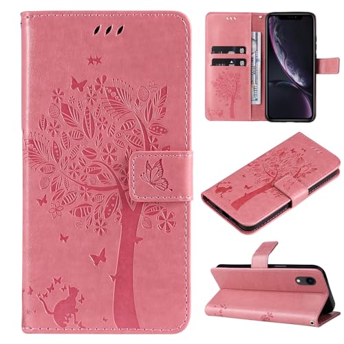 VEEMOS Handyhülle für Apple iPhone XR Hülle Klappbar Katze-Baum mit Kartenfach Klapphülle Schutzhülle Handy Tasche Leder Book Flip Case Cover Handytasche Damen - Rosa von VEEMOS