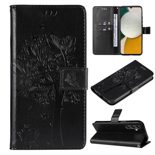 VEEMOS Handyhülle für Samsung Galaxy A05s Hülle Klappbar Katze-Baum mit Kartenfach Klapphülle Schutzhülle Handy Tasche Leder Book Flip Case Cover Handytasche Damen - Schwarz von VEEMOS