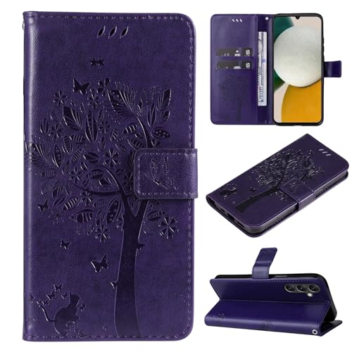 VEEMOS Handyhülle für Samsung Galaxy A05s Hülle Klappbar Katze-Baum mit Kartenfach Klapphülle Schutzhülle Handy Tasche Leder Book Flip Case Cover Handytasche Damen - Violett von VEEMOS