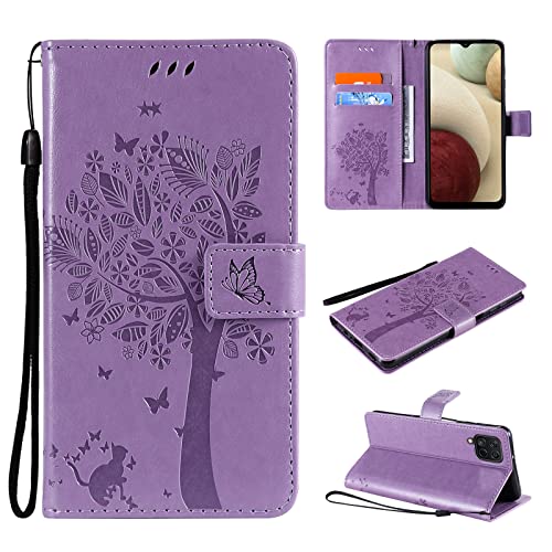 VEEMOS Handyhülle für Samsung Galaxy A12 / M12 / A12 Nacho 2021 Hülle Klappbar Katze-Baum mit Kartenfach Klapphülle Schutzhülle Handy Tasche Leder Book Flip Case Cover Handytasche Damen - von VEEMOS