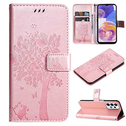 VEEMOS Handyhülle für Samsung Galaxy A23 / M23 5G / M13 4G Hülle Klappbar Katze-Baum mit Kartenfach Klapphülle Schutzhülle Handy Tasche Leder Book Flip Case Cover Handytasche Damen - Rosa Gold von VEEMOS