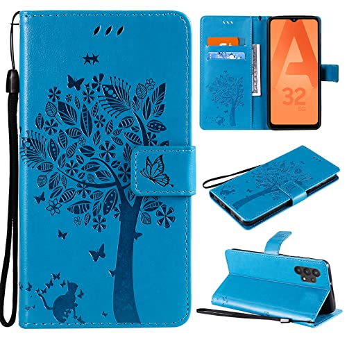 VEEMOS Handyhülle für Samsung Galaxy A32 5G Hülle Klappbar Katze-Baum mit Kartenfach Klapphülle Schutzhülle Handy Tasche Leder Book Flip Case Cover Handytasche Damen - Blau von VEEMOS