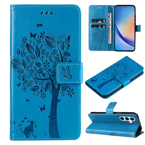 VEEMOS Handyhülle für Samsung Galaxy A35 5G Hülle Klappbar Katze-Baum mit Kartenfach Klapphülle Schutzhülle Handy Tasche Leder Book Flip Case Cover Handytasche Damen - Blau von VEEMOS