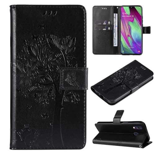 VEEMOS Handyhülle für Samsung Galaxy A40 / A405FN Hülle Klappbar Katze-Baum mit Kartenfach Klapphülle Schutzhülle Handy Tasche Leder Book Flip Case Cover Handytasche Damen - Schwarz von VEEMOS