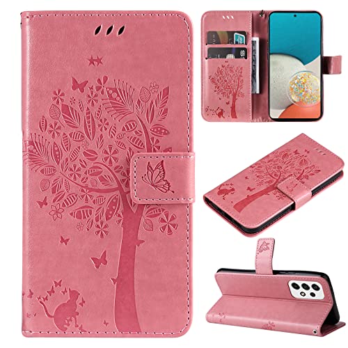 VEEMOS Handyhülle für Samsung Galaxy A53 5G Hülle Klappbar Katze-Baum mit Kartenfach Klapphülle Schutzhülle Handy Tasche Leder Book Flip Case Cover Handytasche Damen - Rosa von VEEMOS