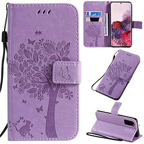 VEEMOS Handyhülle für Samsung Galaxy S20 5G Hülle Klappbar Katze-Baum mit Kartenfach Klapphülle Schutzhülle Handy Tasche Leder Book Flip Case Cover Handytasche Damen - Lila von VEEMOS