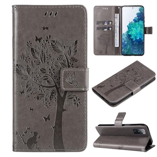 VEEMOS Handyhülle für Samsung Galaxy S20 FE 4G 5G Hülle Klappbar Katze-Baum mit Kartenfach Klapphülle Schutzhülle Handy Tasche Leder Book Flip Case Cover Handytasche Damen - Grau von VEEMOS