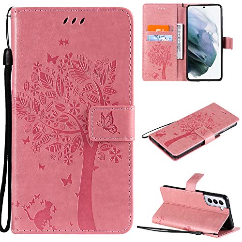 VEEMOS Handyhülle für Samsung Galaxy S21 5G Hülle Klappbar Katze-Baum mit Kartenfach Klapphülle Schutzhülle Handy Tasche Leder Book Flip Case Cover Handytasche Damen - Rosa von VEEMOS