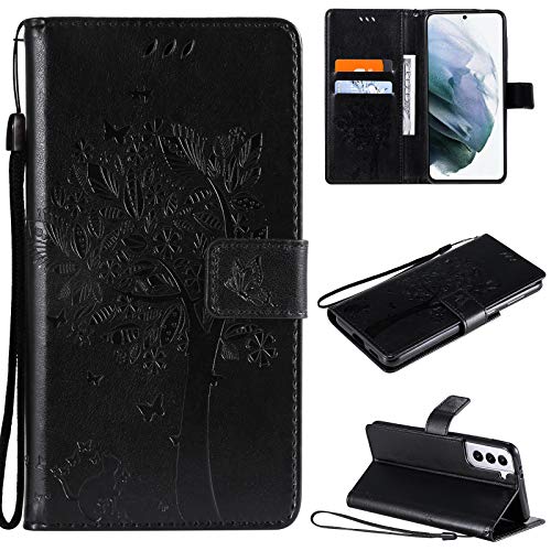 VEEMOS Handyhülle für Samsung Galaxy S21 5G Hülle Klappbar Katze-Baum mit Kartenfach Klapphülle Schutzhülle Handy Tasche Leder Book Flip Case Cover Handytasche Damen - Schwarz von VEEMOS