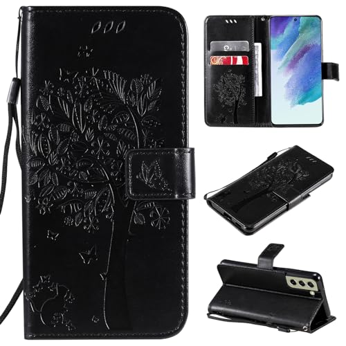 VEEMOS Handyhülle für Samsung Galaxy S21 FE 5G Hülle Klappbar Katze-Baum mit Kartenfach Klapphülle Schutzhülle Handy Tasche Leder Book Flip Case Cover Handytasche Damen - Schwarz von VEEMOS