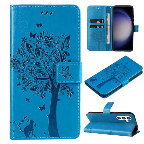 VEEMOS Handyhülle für Samsung Galaxy S23 FE 5G Hülle Klappbar Katze-Baum mit Kartenfach Klapphülle Schutzhülle Handy Tasche Leder Book Flip Case Cover Handytasche Damen - Blau von VEEMOS