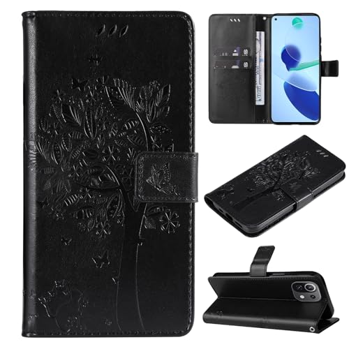 VEEMOS Handyhülle für Xiaomi 11 Lite 4G 5G NE Hülle Klappbar Katze-Baum mit Kartenfach Klapphülle Schutzhülle Handy Tasche Leder Book Flip Case Cover Handytasche Damen - Schwarz von VEEMOS