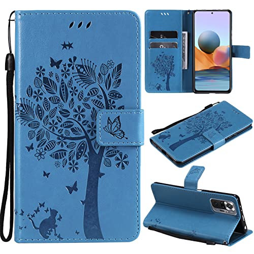 VEEMOS Handyhülle für Xiaomi Redmi Note 10 Pro Hülle Klappbar Katze-Baum mit Kartenfach Klapphülle Schutzhülle Handy Tasche Leder Book Flip Case Cover Handytasche Damen - Blau von VEEMOS