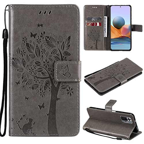 VEEMOS Handyhülle für Xiaomi Redmi Note 10 Pro Hülle Klappbar Katze-Baum mit Kartenfach Klapphülle Schutzhülle Handy Tasche Leder Book Flip Case Cover Handytasche Damen - Grau von VEEMOS