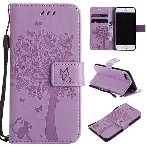 VEEMOS Handyhülle für iPhone 8 / iPhone 7 / iPhone SE 2020 2022 Hülle Klappbar Katze-Baum mit Kartenfach Klapphülle Schutzhülle Handy Tasche Leder Book Flip Case Cover Handytasche Damen - von VEEMOS